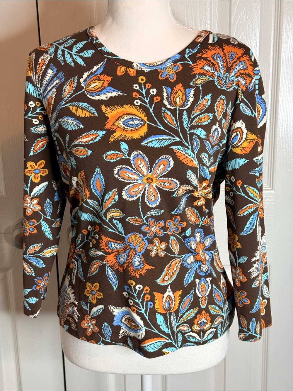 J.McLaughlin Catalina Cloth Boho Floral 3/4 Sleeve Top Brown Orange Medium EUC